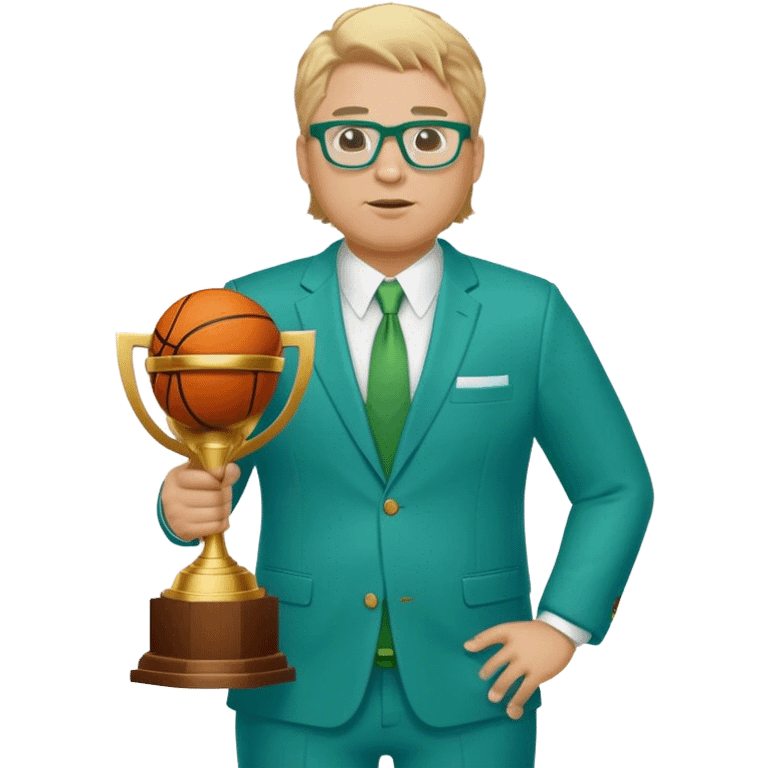 full body plus size male basketball coach with sandy blonde hair and glassed wearing blue and green suit holding a trophy emoji