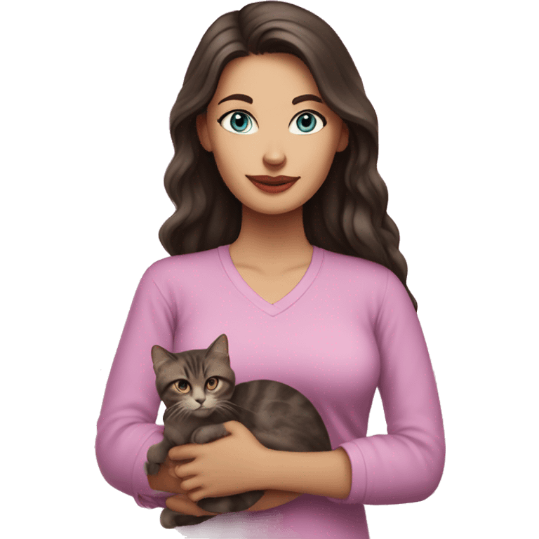 White woman with blue eyes and long dark hair wearing a pink shirt and holding a tabby cat emoji