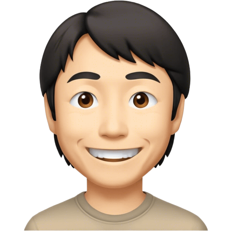 ​Cinematic Realistic Portrait of a Smiling Shigeru Miyamoto, depicted with warm, approachable features, showing a giant smile with expressive eyes, set against a subtle backdrop, inviting lighting that captures his innovative spirit emoji