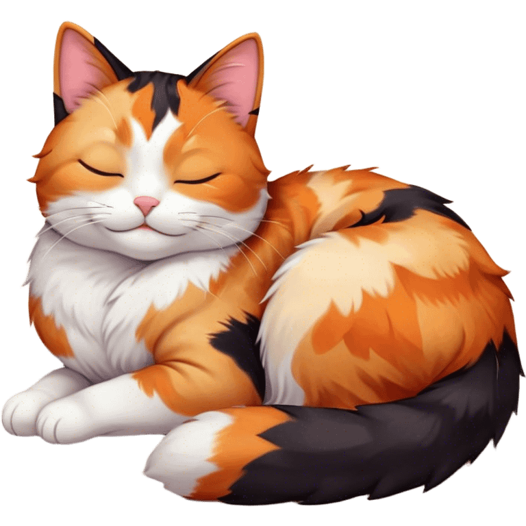 Meme-Worthy Cute Sleeping Calico Cat Portrait Emoji, Head resting peacefully with a content, gentle smile and softly closed eyes, featuring a delicate patchwork fur in vibrant orange, black, and white hues, simplified yet irresistibly endearing, highly detailed, glowing with a soft, drowsy radiance, high shine, exuding relaxed and utterly lovable charm, styled with a gentle, soft glowing outline, capturing the essence of a sleeping calico cat that appears destined to become a viral icon of adorable rest! emoji