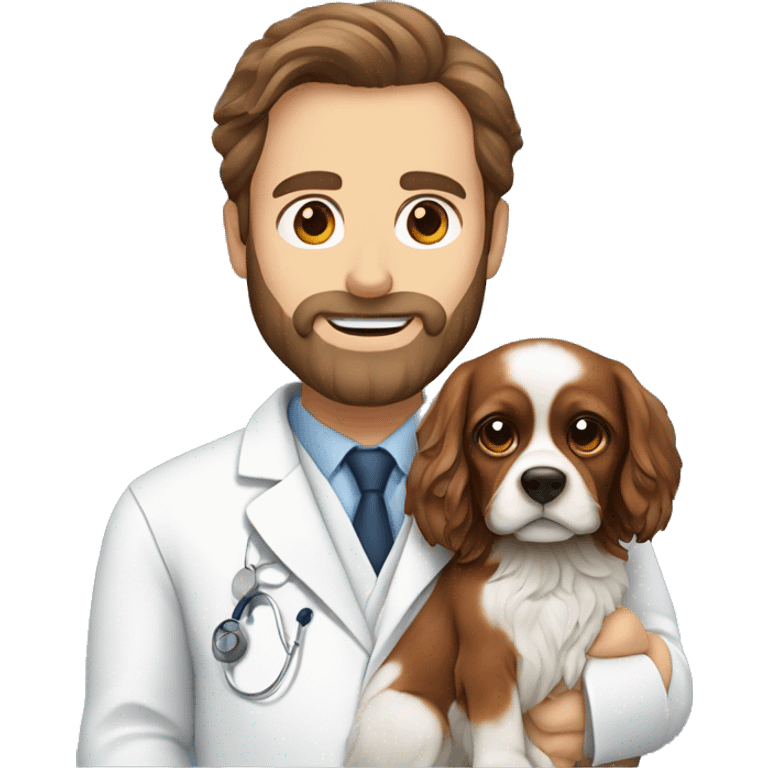 Veterinarian, man, with beard, brown hair, with dog on his hands, Charles king spaniel emoji