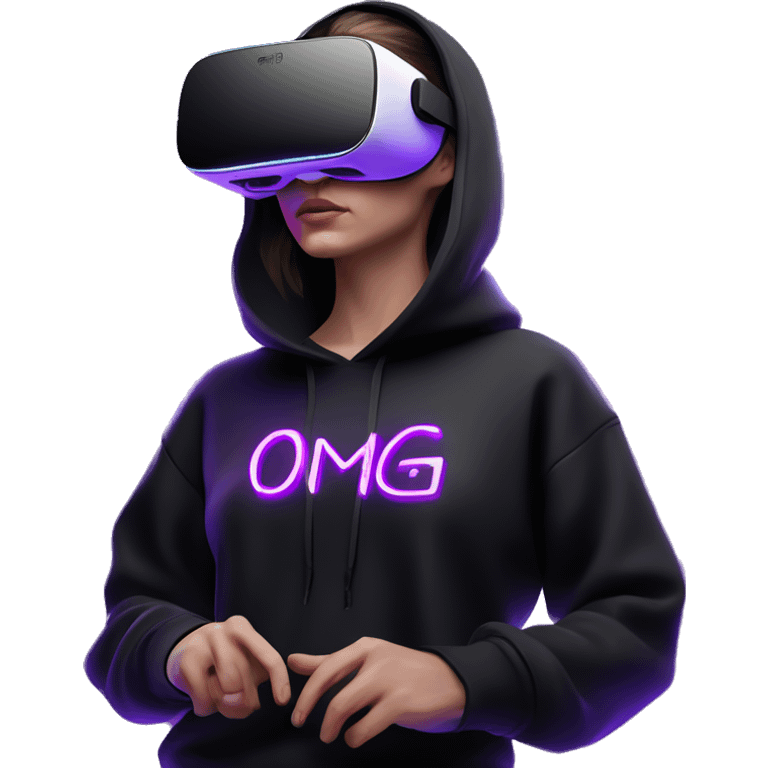 Russian girl wearing black hoody with violet letters "OMG", in vr headset oculus quest2. Standing like jedi. Cyberpunk style. Violet neon. emoji