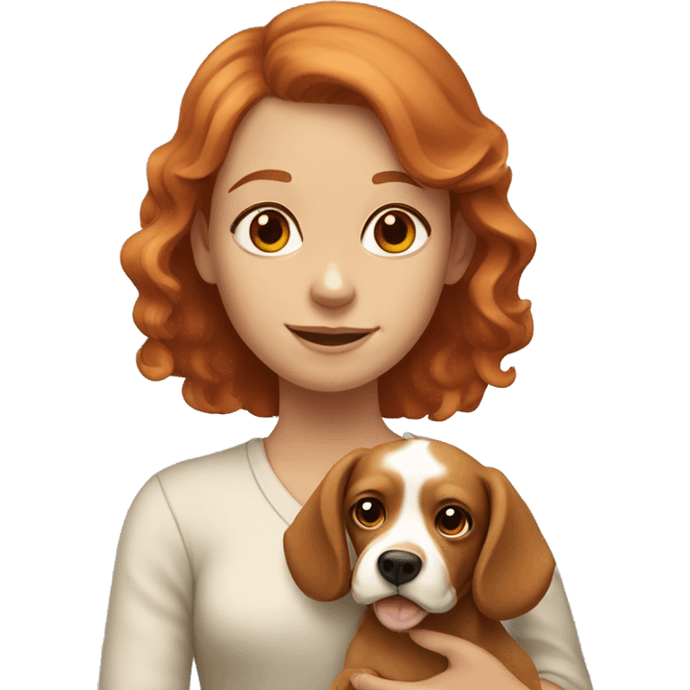 red-haired girl holding a beige spaniel dog with big ears emoji