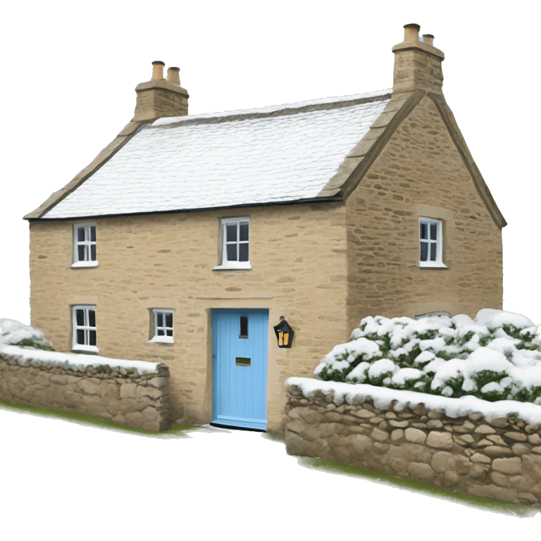 Snowy stone cotswolds cottage with sky blue door  emoji