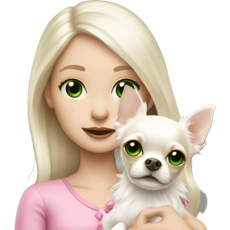 pale blond girl with long platinum white hair with bright green eyes holding a white chihuahua that wearing a pink bow emoji