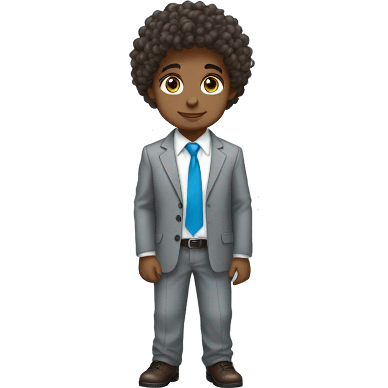 Little young  gentleman wearing a grey suit with white shirt and baby blue tie with blue eyes , black boy and brown curly hair and full body . Wearing a watch  emoji