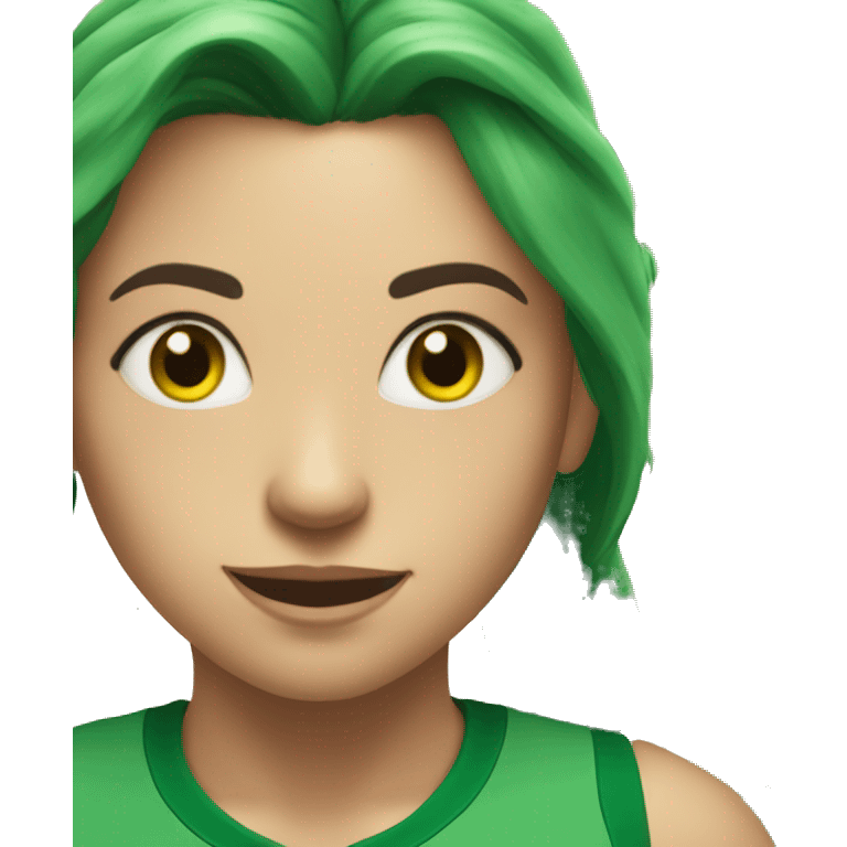 A woman in a green sports top with long green hair smiles broadly. Green eyes. Freckles emoji