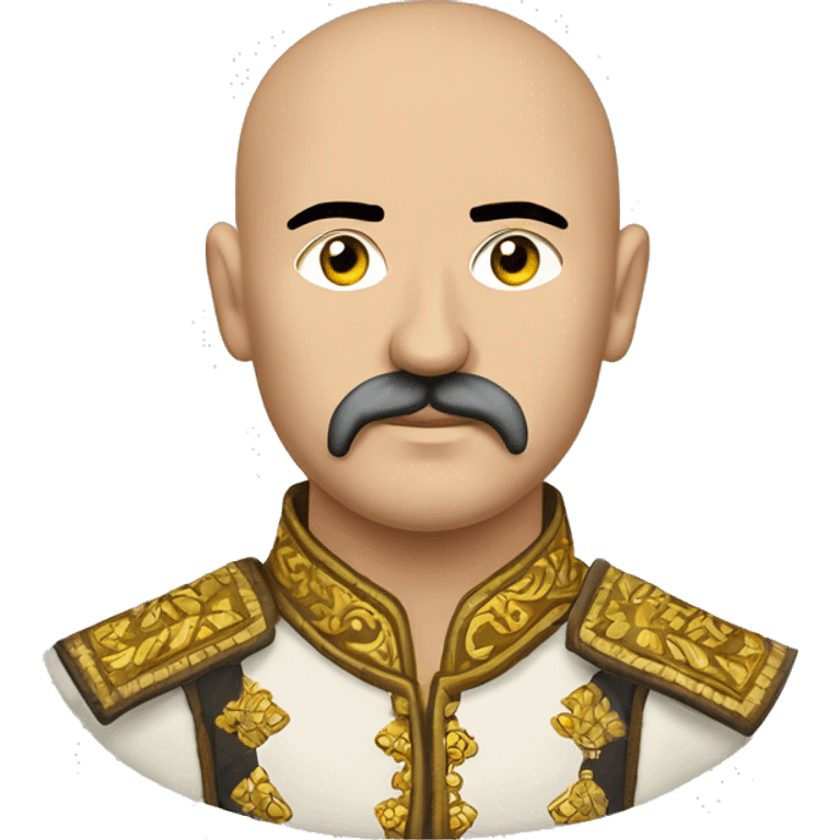 a Cossack warrior, The Cossack has a shaved head and a long strand of hair on one side. He has a thick, curved mustache and wears a gold earring in his left ear. He is wearing a simple Ukrainian embroidered shirt emoji