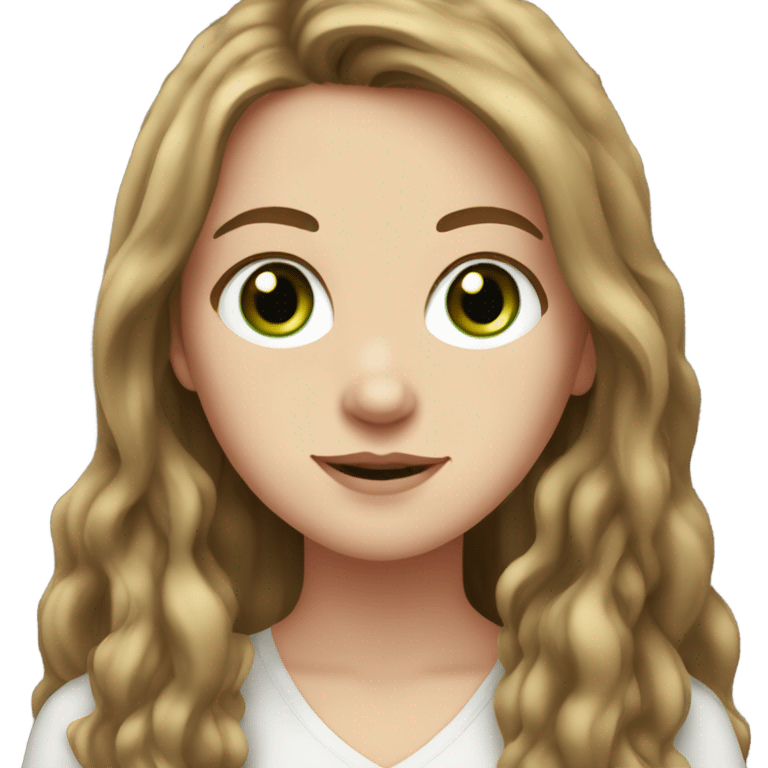 white girl. long brown hair. dark green eyes. white shirt. freckle. emoji