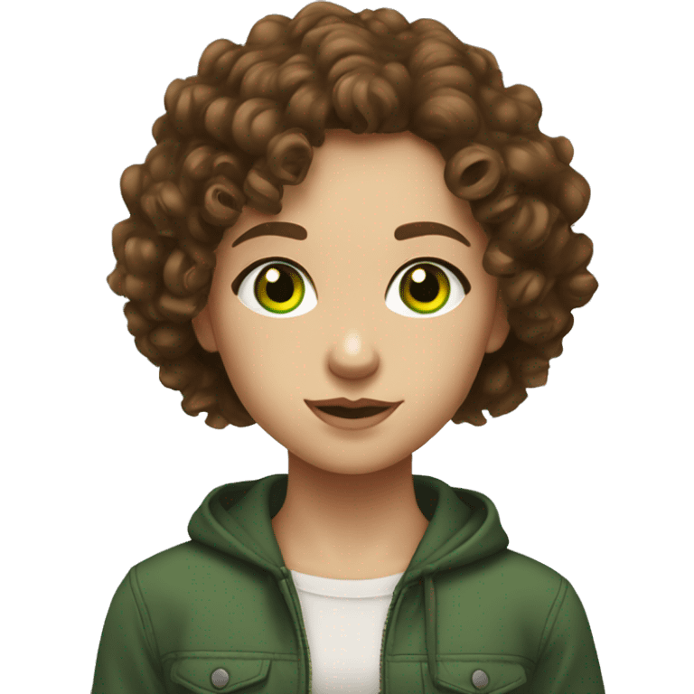 girl with brown curly hair,green eyes,Moldovan,standing,very hot emoji