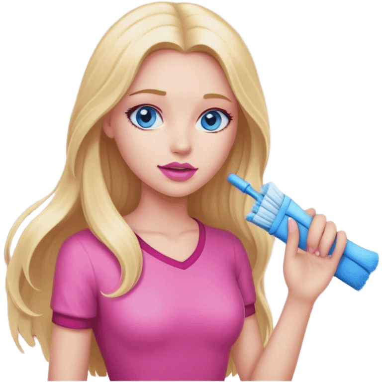 A cinematic realistic blonde with long hair, blue eyes and pink lips cleans a room emoji