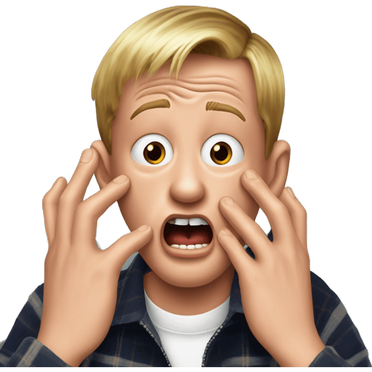 kevin McCallister from Home Alone, putting both hands on his face and screaming of fear. bring the hands down lik he is putting on his cheeks. emoji