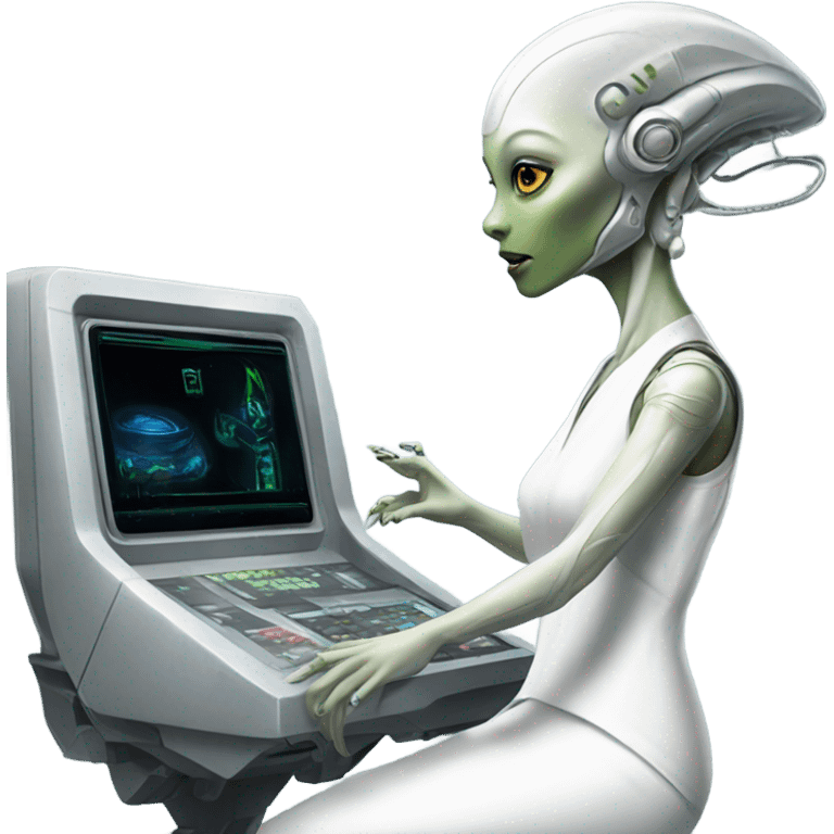  a Reptilian alien woman, in white dress, use a drive console emoji