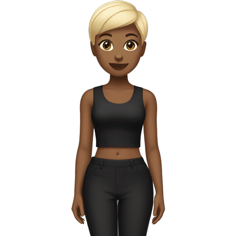 Black girl with blonde pixie cut and black top with flar leg pants emoji