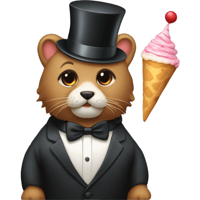 An animal with a party hat wearing a tuxedo with a peice of cake emoji