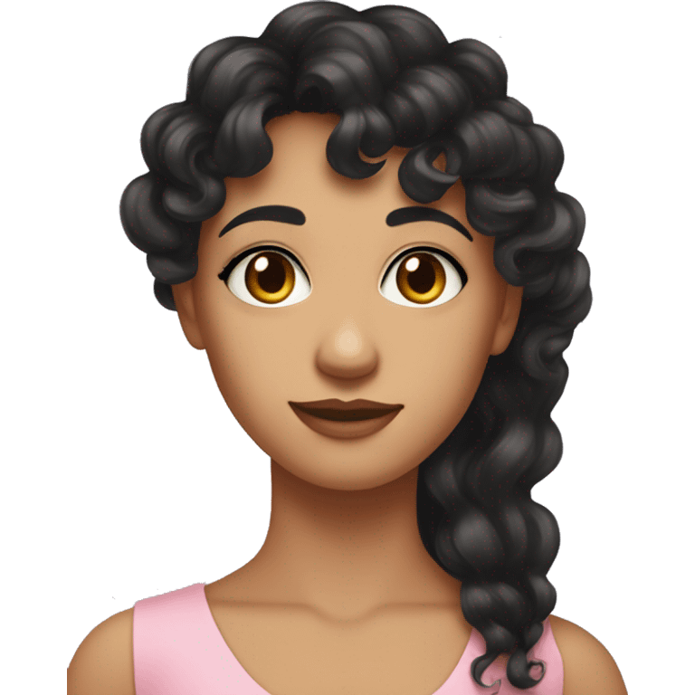 Fair skinned woman with long black curly hair and bangs and dark brown eyes, wearing a pastel pink dress emoji