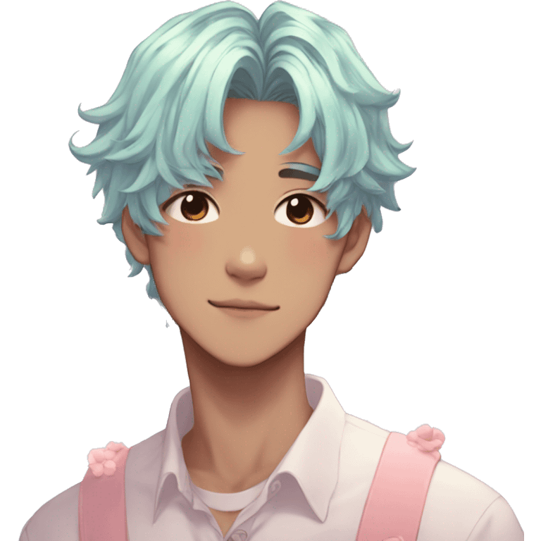 Gorgeous pastel anime style shojo man with blushing face and butterflies aesthetic and pretty hair trending style emoji