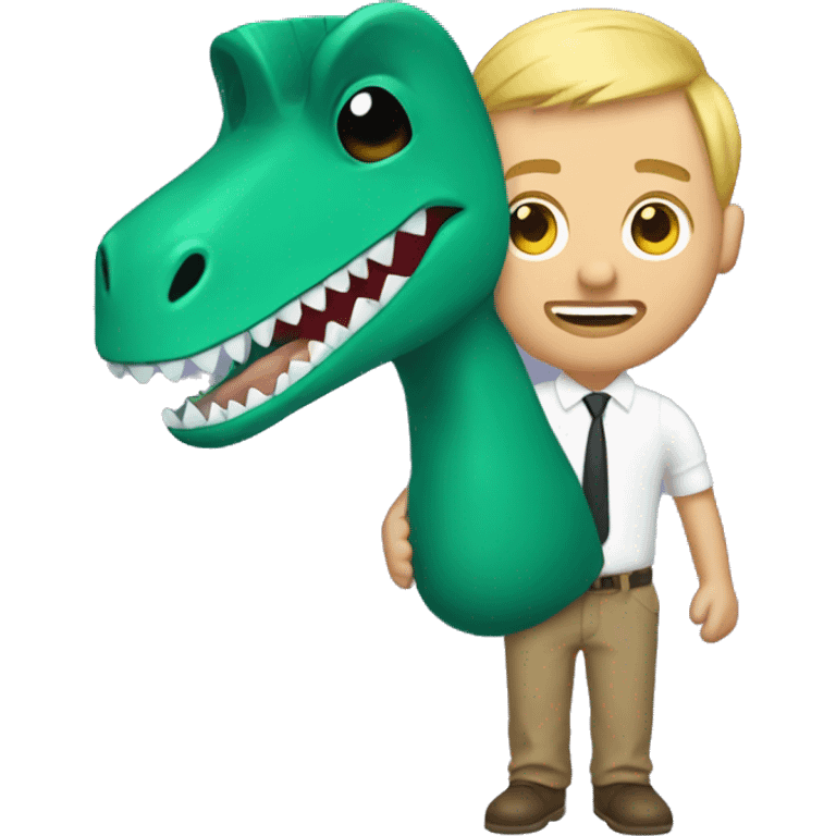 Blonde, balding man, with a dinosaur sock puppet on his hand emoji