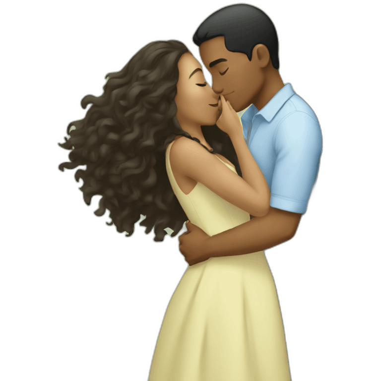 A mixed race man kissing a tree woman emoji