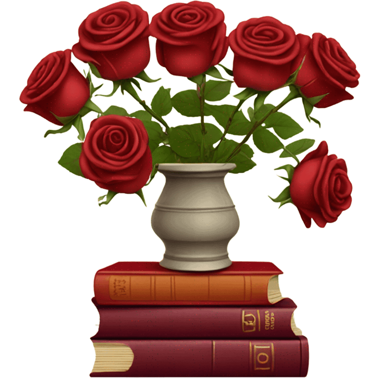 A red stack of books with a maroon bouquet of vintage-style roses and a silk ribbon emoji