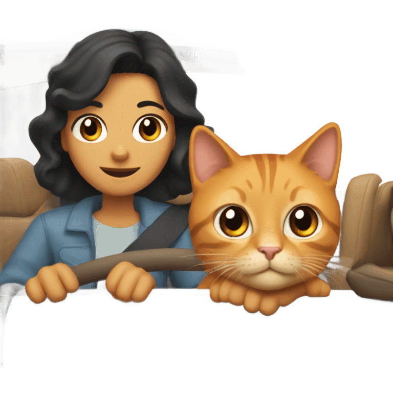 A man with black hair and a woman with light brown hair, along with an orange tabby cat, are traveling in a car. The man is on the driver's side, the cat is in the back seat, and the woman is sitting in the front passenger seat. emoji