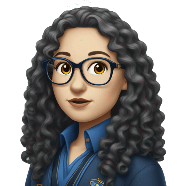 Hyper realistic White girl with long black curly hair and glasses wearing a ravenclaw school inform emoji