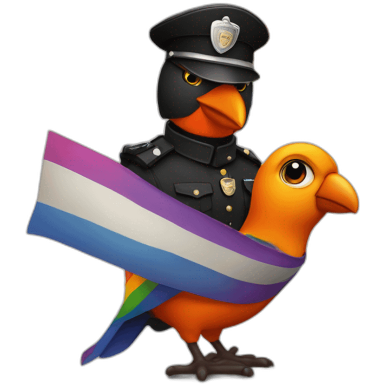 Gay anthropomorphic black and orange bird holding a police flag and a pride flag emoji