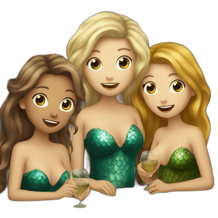 Three mermaids (1 blond, 2 brown hair) drinking wine emoji