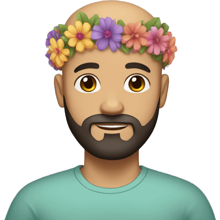 bald man with black beard and brown eyes and light skin with a colorful flowercrown on his head emoji