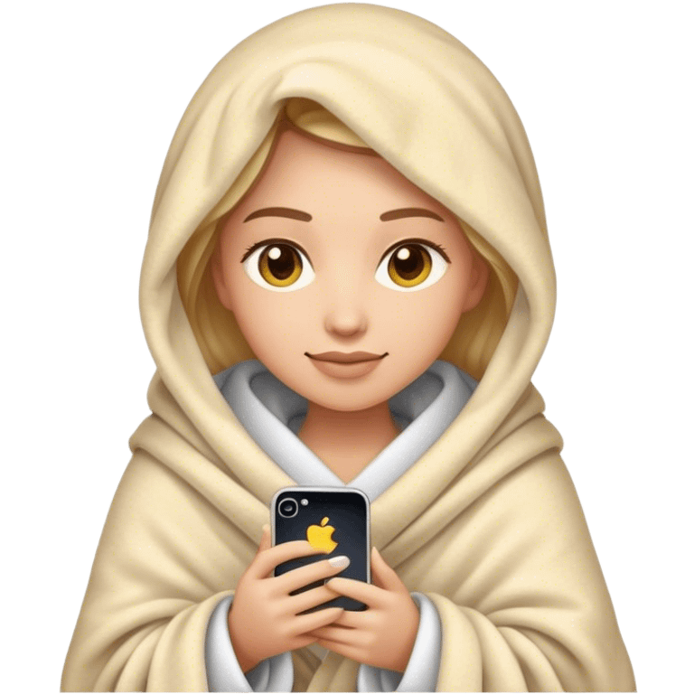 woman in cozy blanket with iPhone, iPhone style emoji, highly detailed, hyper-realistic, smooth shading, natural lighting emoji