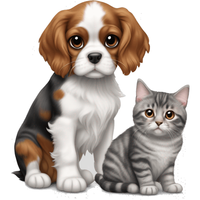 Cavalier King Charles Spaniel puppy sits next to a British gray tabby cat emoji