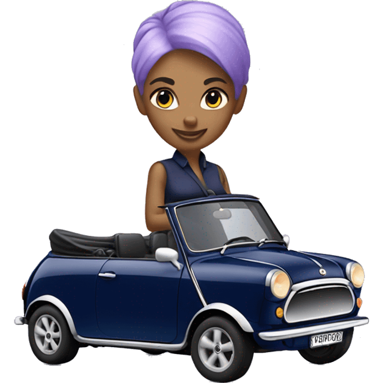 navy blue convertible Mini Cooper, with short, lilac colored haired woman driving emoji