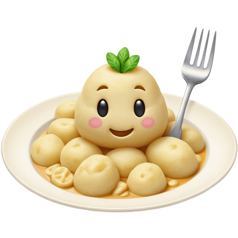 Gnocchi Cinematic Realistic Gnocchi Dish Emoji, depicted as tender potato dumplings garnished with iconic fork marks on top, rendered with soft textures and warm, inviting lighting. emoji