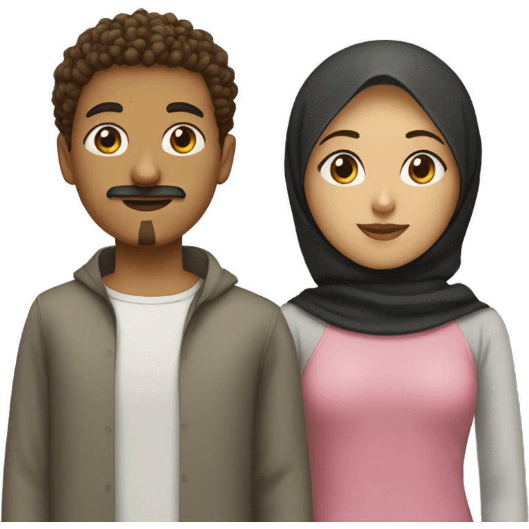 brown teen with short curly hair and goatee and moustache standing and black eyes next to a girl wearing a hijab emoji