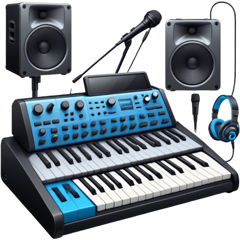 Create a professional and detailed emoji that represents sound design. The design should feature a high-end studio synthesizer (like the Korg), a sound mixing console with visible wires, large studio speakers, and a microphone to symbolize the essential equipment in sound design. Add musical note waves flowing around the equipment to emphasize the connection between sound creation and musical composition. Use sleek, modern colors like black, silver, and neon blue to represent the professional and futuristic nature of sound design. The background should be transparent. emoji