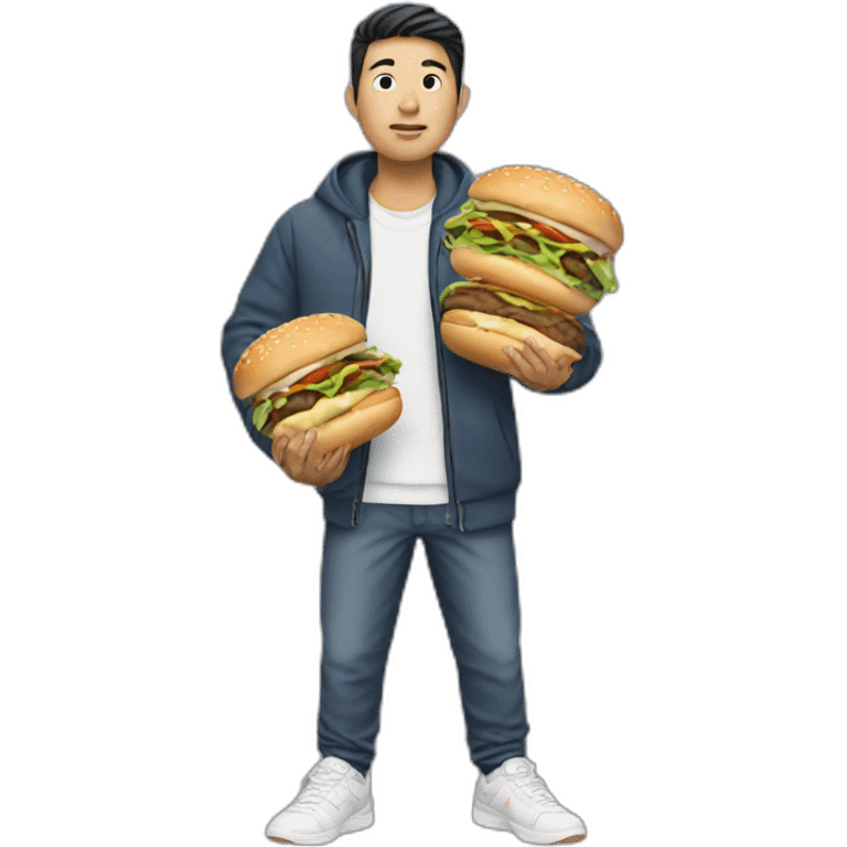 an asian man holding two burgers wearing sneakers emoji