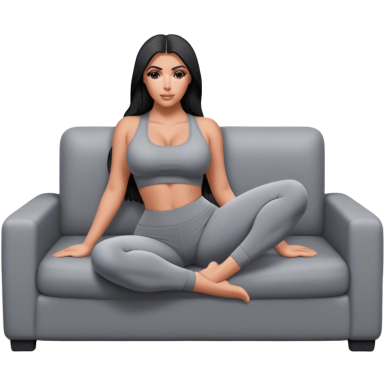 hyper-realistic kim kardashian in gray yoga pants on couch comfy emoji