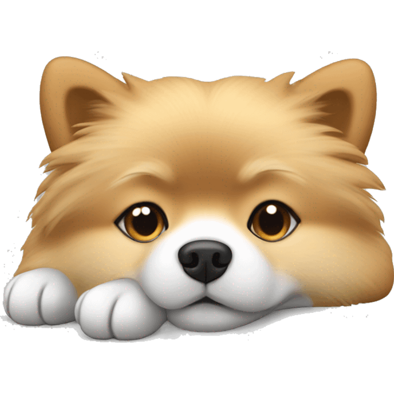 sleeping lying down pomeranian-spitz mix light brown and white with gray ears emoji