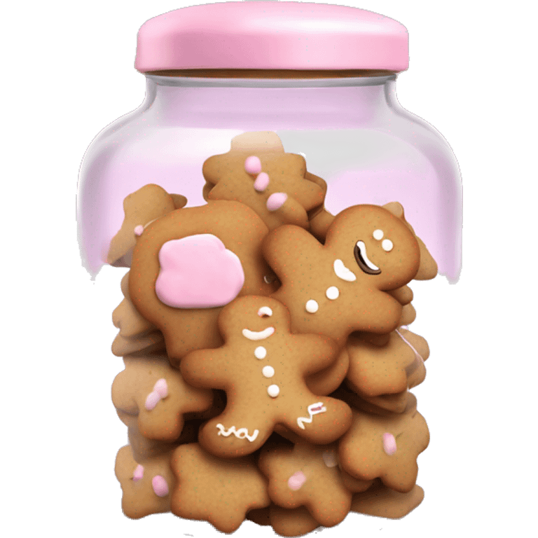 Realistic glass cookie jar with light pink lid full of gingerbread cookies isolated.  emoji