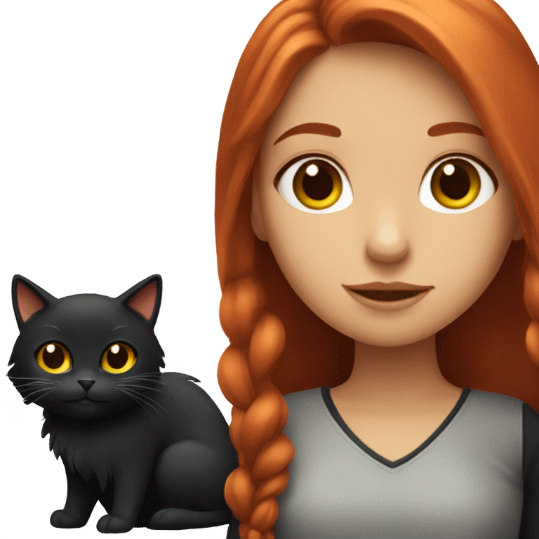 red haired girl with long hair and fluffy black cat emoji