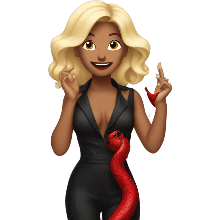 Blonde female singer singing in a black and red snake jumpsuit emoji