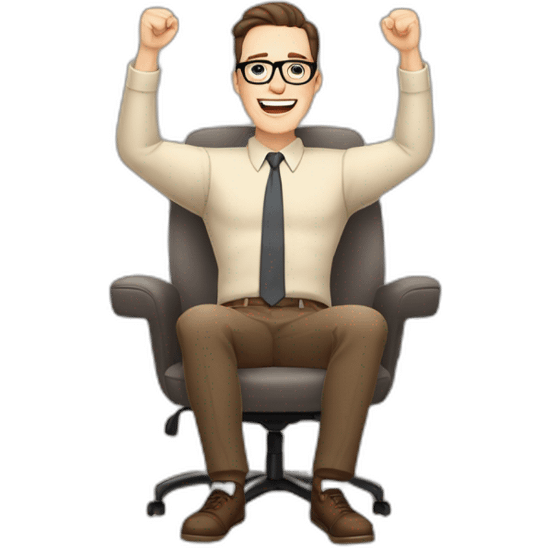 Joyful Celebrating victory Hands up Pale skinned Fit Man With dark brown hair in gray jacket, beige office shirt, Brown pants and vintage glasses sitting In a soft chair emoji