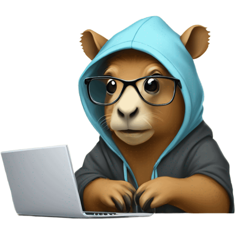 Nerdy cute capybara with glasses wearing a hoodie and coding on a laptop  emoji