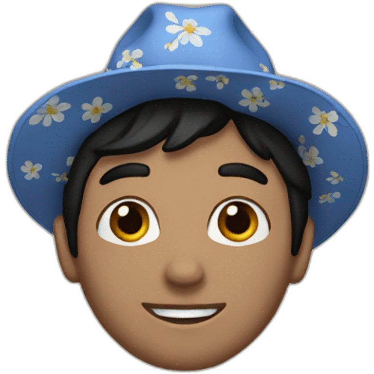 White Man with black hair, strip blue flowered shirt, brown hat emoji