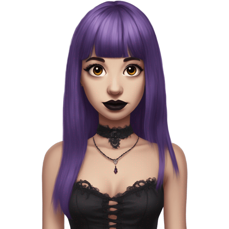 one single alt portrait women, purple hair, kinda long hair, short bangs, dark makeup, dark pink lips, gothic detailed slip dress, white skin  emoji