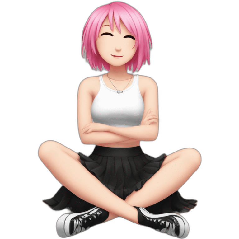 Full body Front view curvy emo girl pink hair sits on the floor straight view hands up black skirt белые трусики рваные полосатые чулки emoji