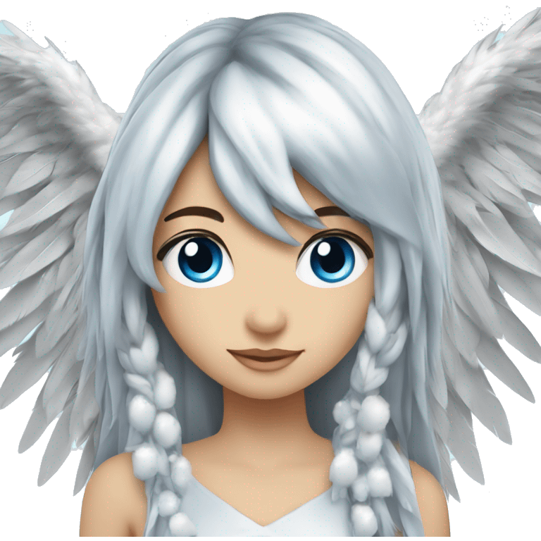 big wings, silver, feather, icy ,snowflake, Beautiful, fairy, long hair, blue eyes emoji