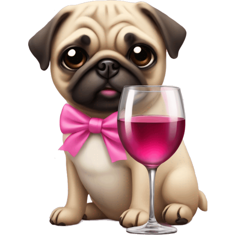 A pug dog with a pink bow and a glass of rose wine  emoji