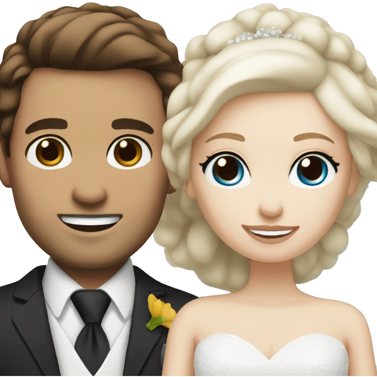 Wedding couple, groom white skin with dark brown hair and dark brown eyes, bright with white skin blonde hair and blue eyes emoji