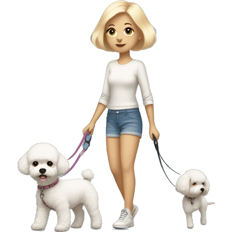 small woman with short bobbed blonde hair wearing a nice shorts outfit walking one bichon dog on a leash emoji